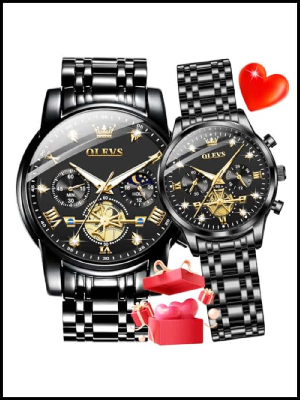Couple Watch Set His and Hers Matching Stainless Steel Watches with Diamond